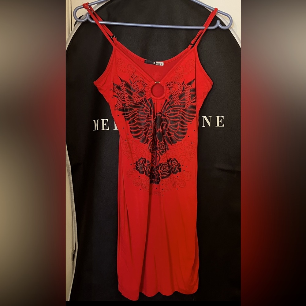 Karv-Red Spaghetti Strap Top with Black Design-Size Small